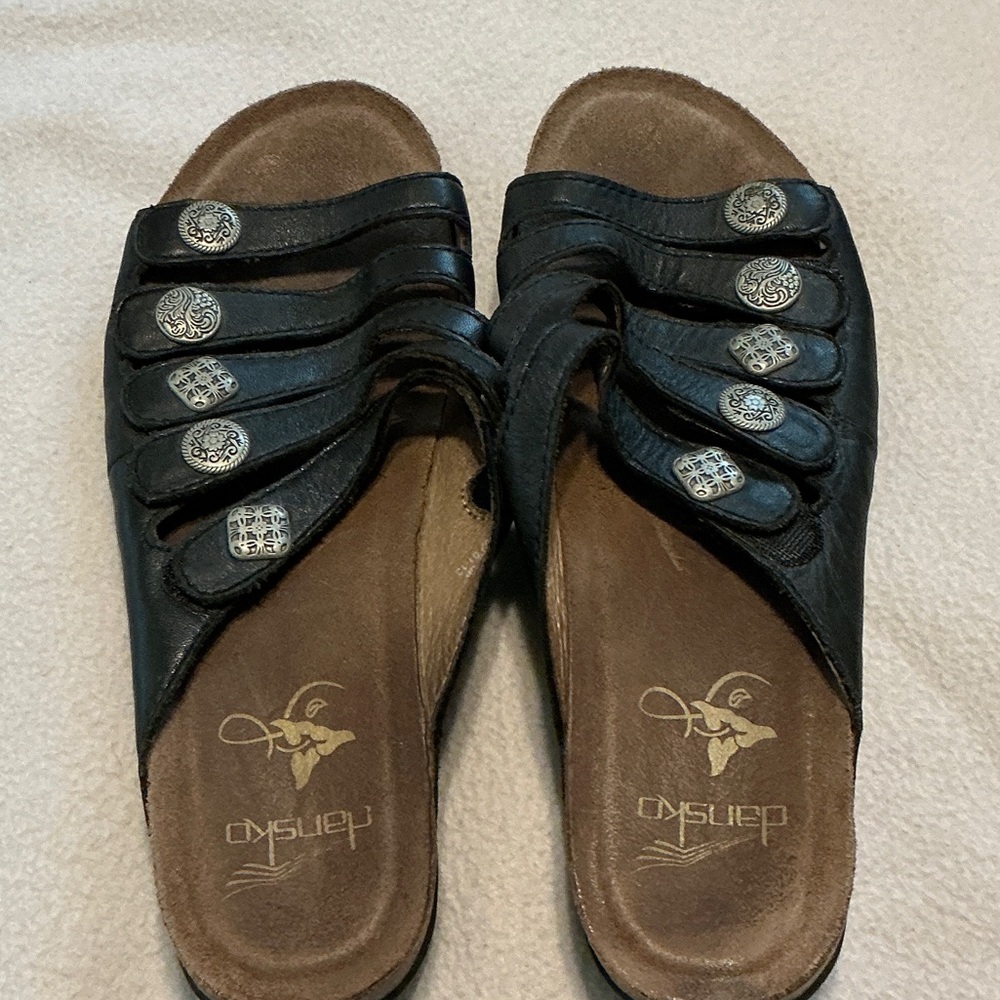 Dansko Black Leather Sandals with Silver Accents